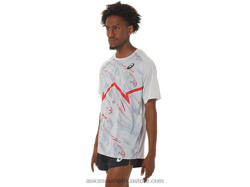 Men Asics Cj-Line Light Short Sleeve Top LH4X0258 Glacier Grey/Electric Red
