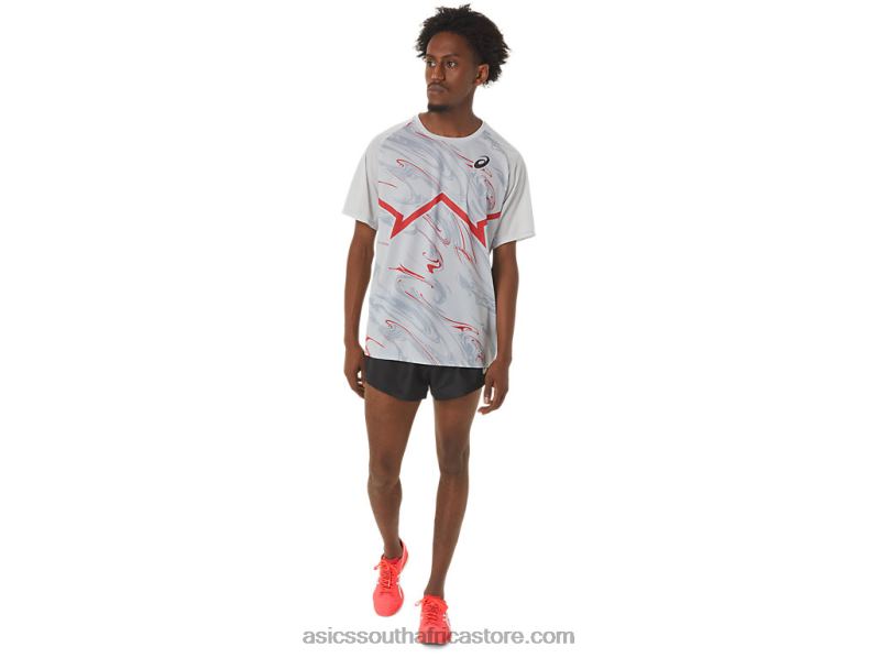 Men Asics Cj-Line Light Short Sleeve Top LH4X0258 Glacier Grey/Electric Red
