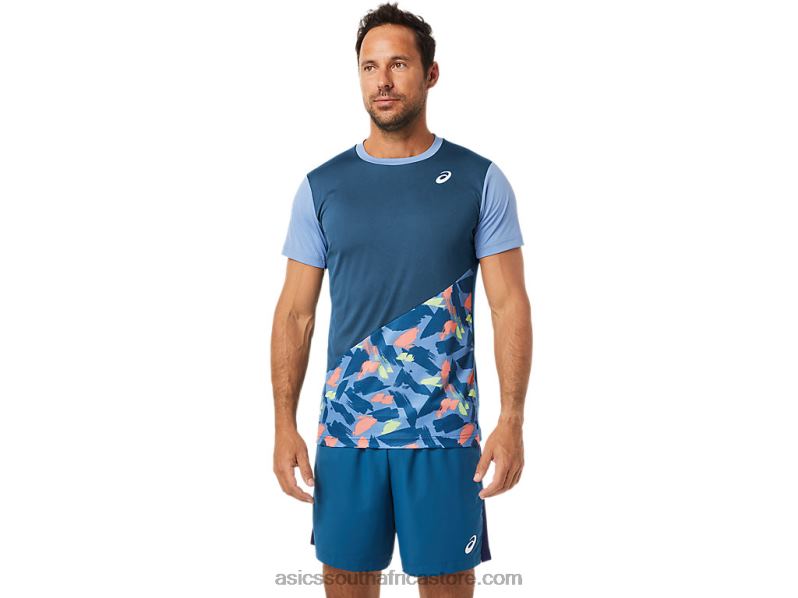 Men Asics Court Graphic Short Sleeve Top LH4X01508 Light Indigo