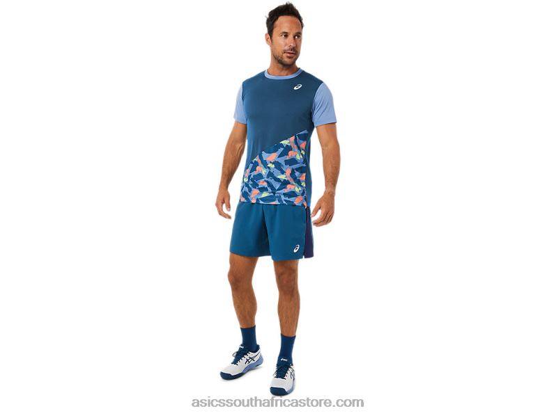 Men Asics Court Graphic Short Sleeve Top LH4X01508 Light Indigo