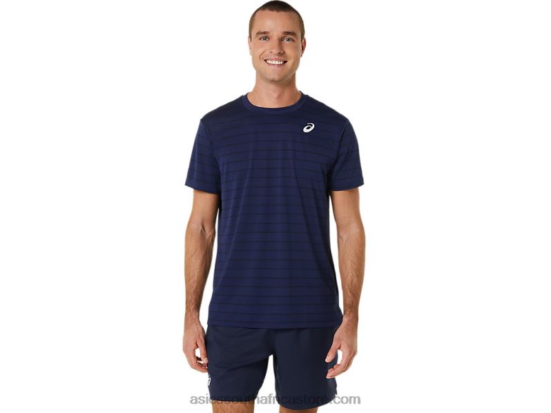 Men Asics Court Stripe Short Sleeve Top LH4X0443 Midnight