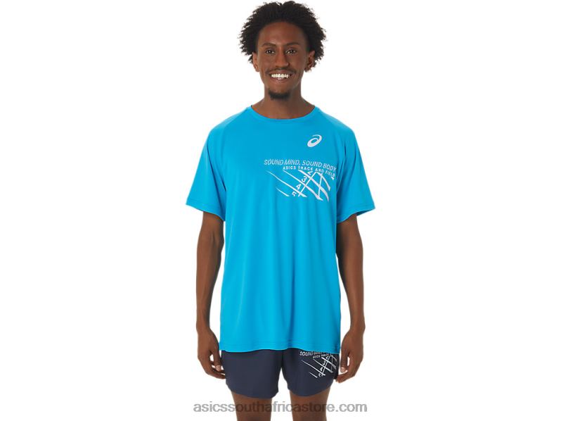 Men Asics Finish Line Graphic Short Sleeve Top LH4X0237 Island Blue