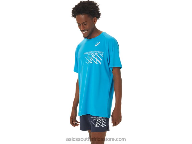 Men Asics Finish Line Graphic Short Sleeve Top LH4X0237 Island Blue