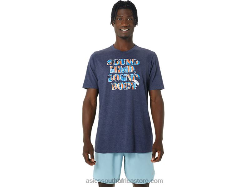 Men Asics Hibiscus Slogan Tee LH4X01045 Peacoat Heather