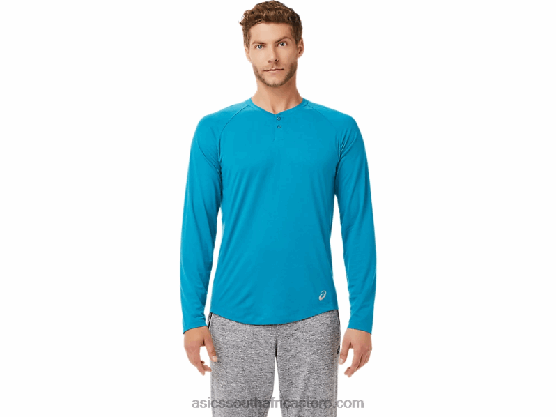 Men Asics Perf Long Sleeve Henley LH4X02026 Teal Blue Heather