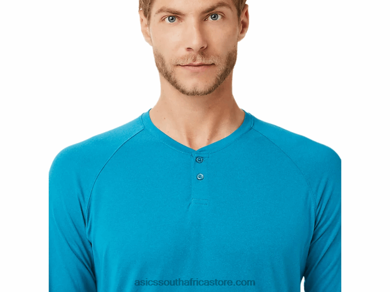 Men Asics Perf Long Sleeve Henley LH4X02026 Teal Blue Heather