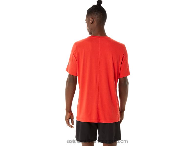 Men Asics Short Sleeve Hthr Tech Top LH4X01422 Fiery Red Heather