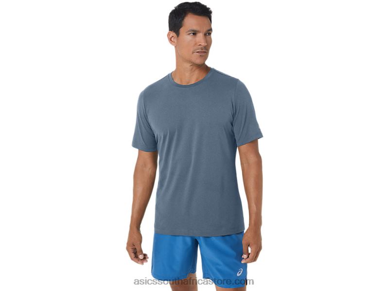 Men Asics Short Sleeve Hthr Tech Top LH4X0160 Steel Blue Heather