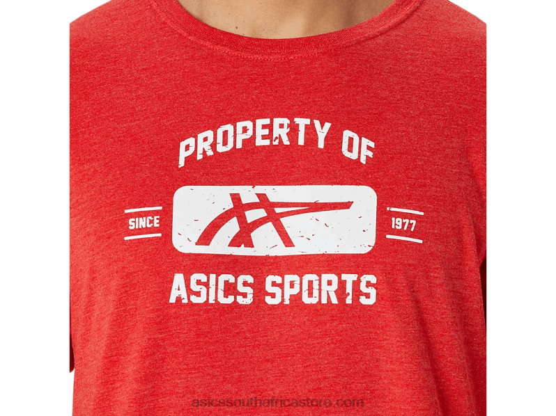 Men Asics Short Sleeve Property Of Sports Tee LH4X0140 Classic Red Heather