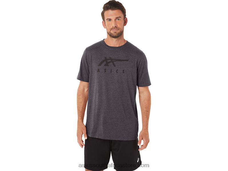 Men Asics Stripe Short Sleeve Tee LH4X019 Dark Grey Heather