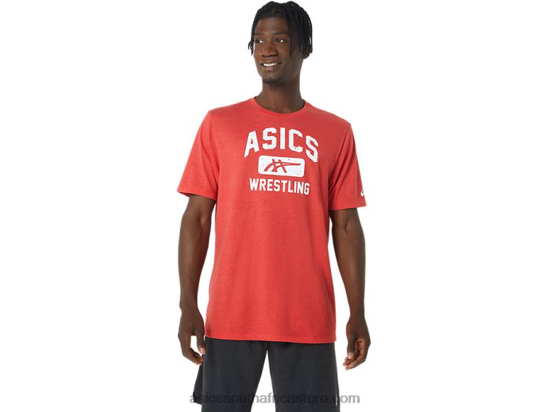 Men Asics Unisex Wrestling Graphic Tee LH4X0848 Classic Red Heather