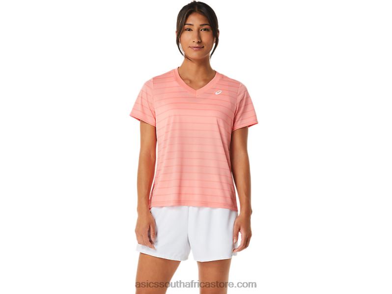 Women Asics Court Stripe Short Sleeve Top LH4X02503 Guava