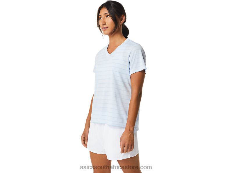 Women Asics Court Stripe Short Sleeve Top LH4X02515 Soft Sky