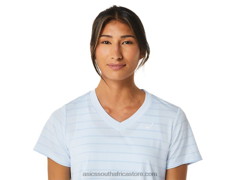 Women Asics Court Stripe Short Sleeve Top LH4X02515 Soft Sky