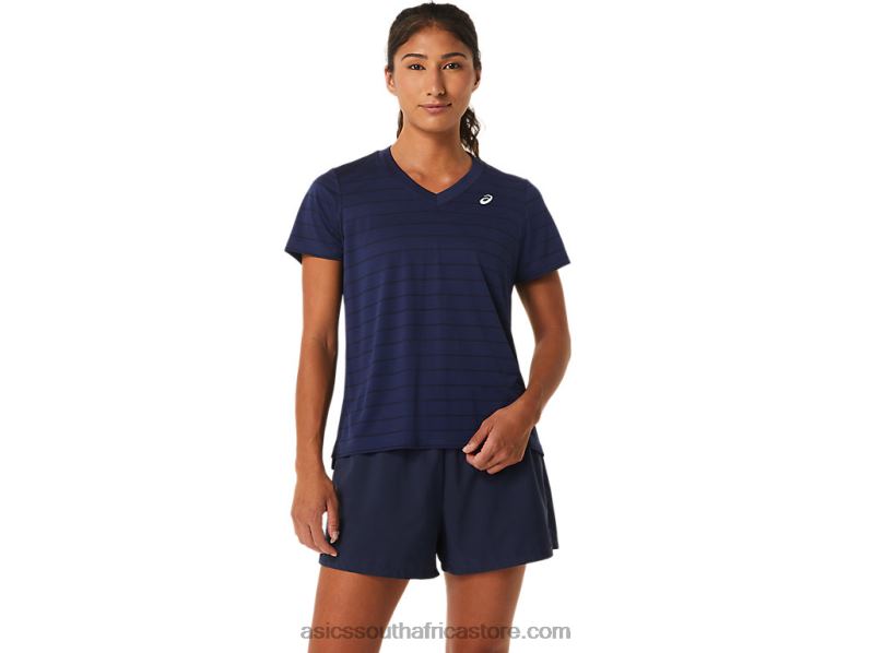 Women Asics Court Stripe Short Sleeve Top LH4X02550 Midnight