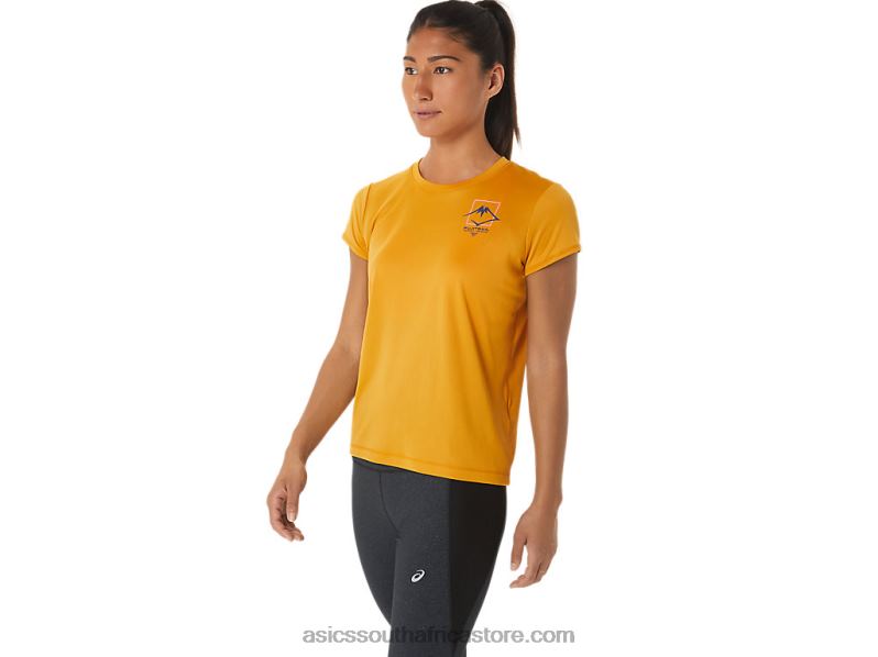 Women Asics Fujitrail Logo Short Sleeve Top LH4X02565 Sandstorm