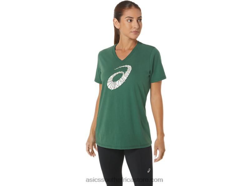 Women Asics Holiday Lights Logo V-Neck LH4X02843 Hunter Green
