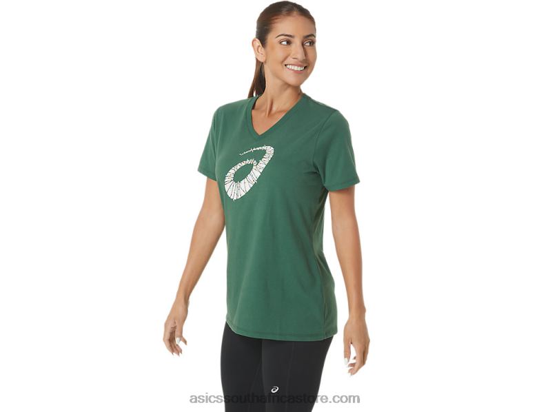 Women Asics Holiday Lights Logo V-Neck LH4X02843 Hunter Green