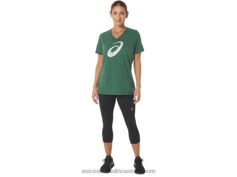 Women Asics Holiday Lights Logo V-Neck LH4X02843 Hunter Green