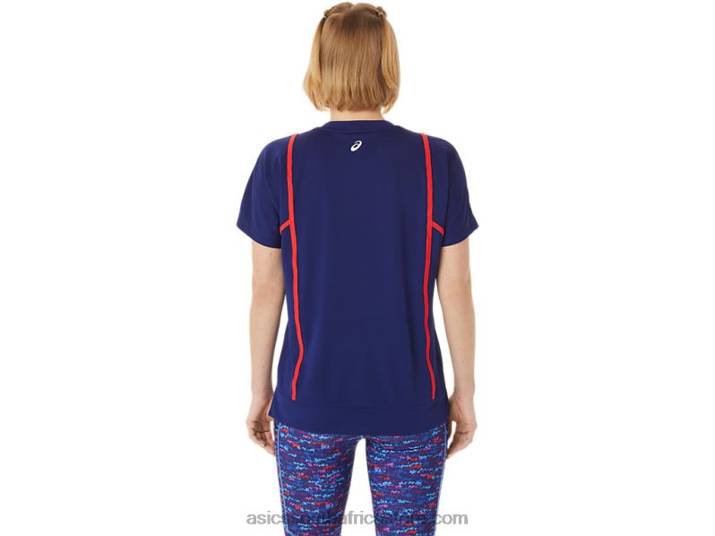 Women Asics New Strong 92 Short Sleeve Top LH4X03056 Dive Blue/Red Alert