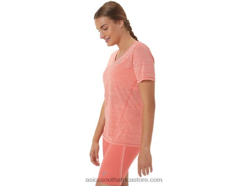 Women Asics Race V-Neck Short Sleeve Top LH4X02295 Papaya/Guava