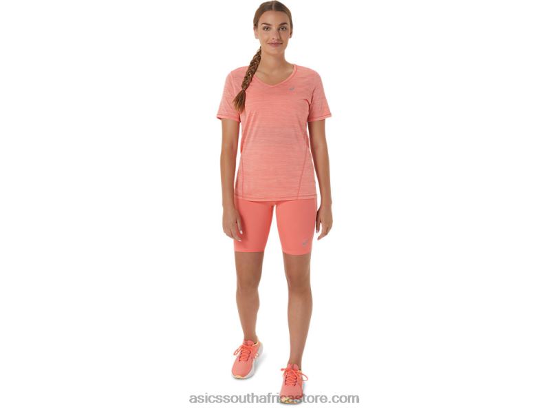 Women Asics Race V-Neck Short Sleeve Top LH4X02295 Papaya/Guava