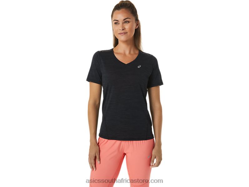 Women Asics Race V-Neck Short Sleeve Top LH4X02448 Performance Black/Charcoal Grey