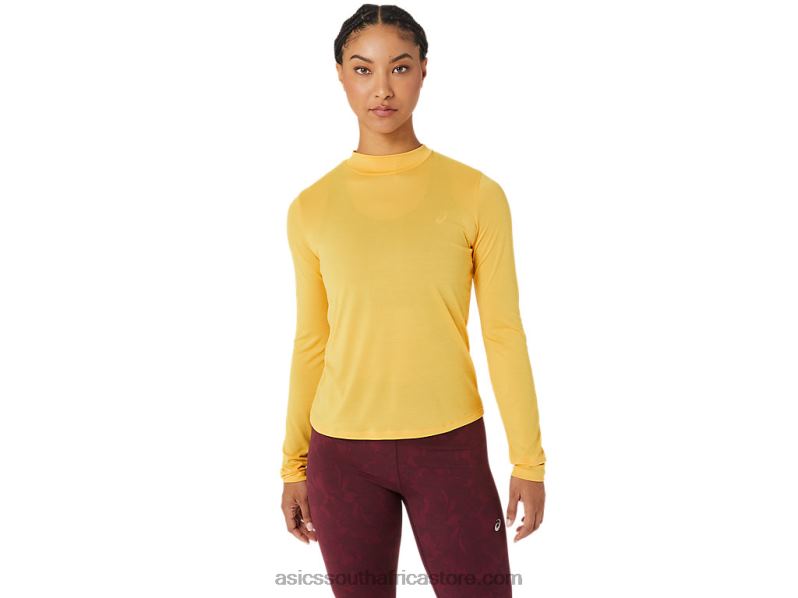 Women Asics Runkoyo Mock Neck Long Sleeve Top LH4X02802 Tiger Yellow