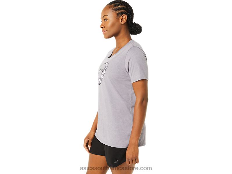Women Asics Short Sleeve Cherry Blossom Vneck LH4X03644 Lavender Grey Heather