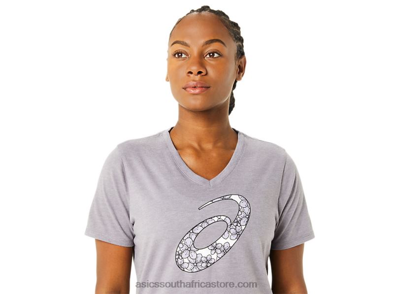 Women Asics Short Sleeve Cherry Blossom Vneck LH4X03644 Lavender Grey Heather