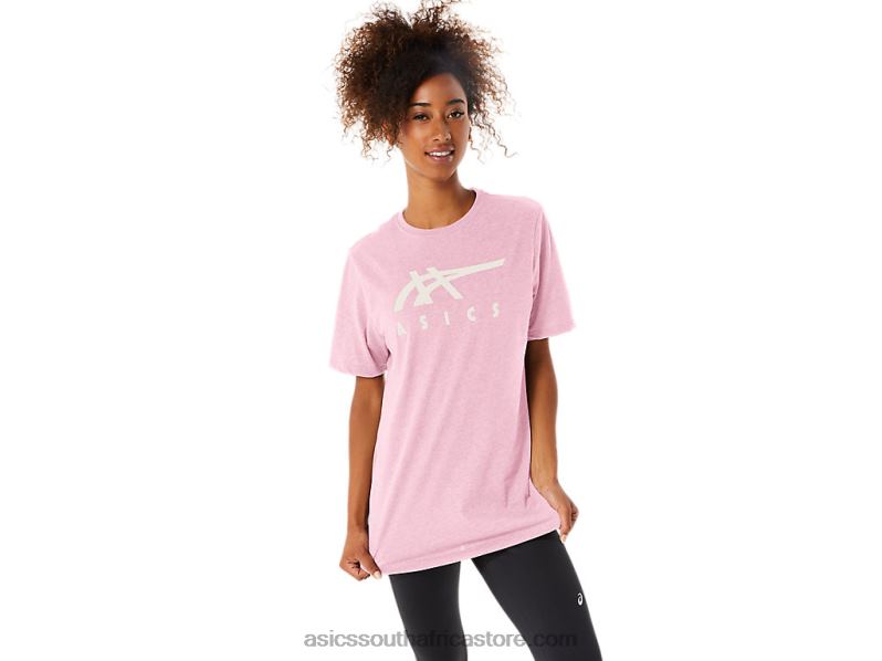 Women Asics Stripe Short Sleeve Tee LH4X073 Pink Salt