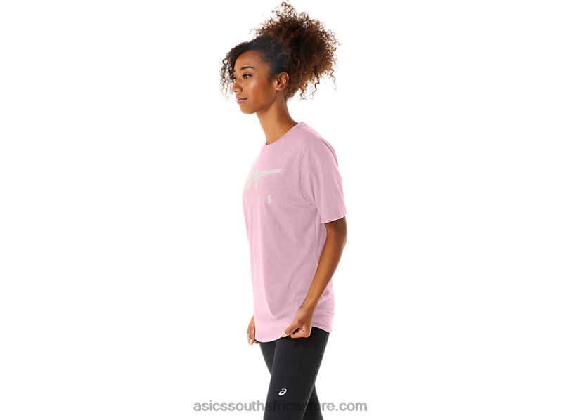 Women Asics Stripe Short Sleeve Tee LH4X073 Pink Salt