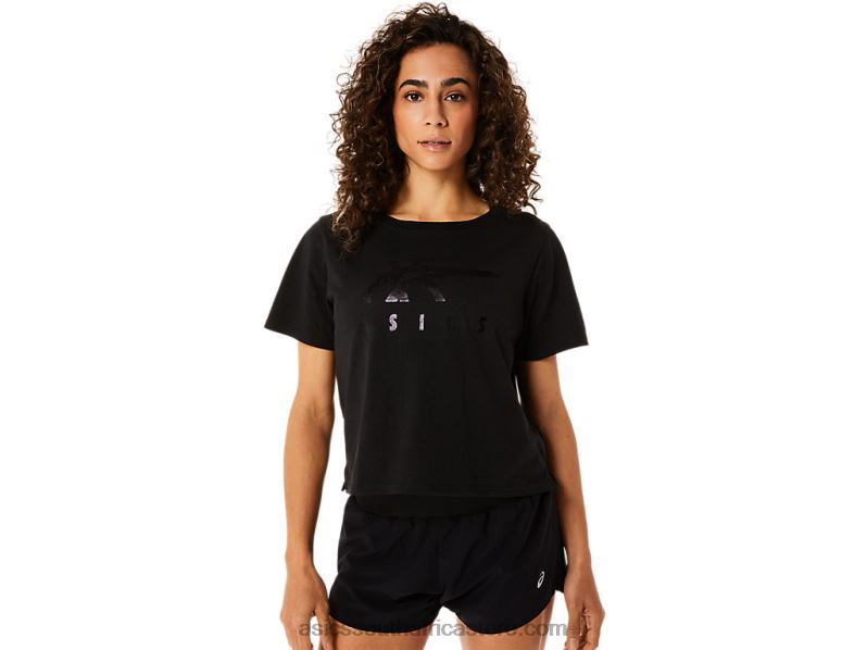 Women Asics Stripes Short Sleeve Boxy Tee LH4X02815 Performance Black
