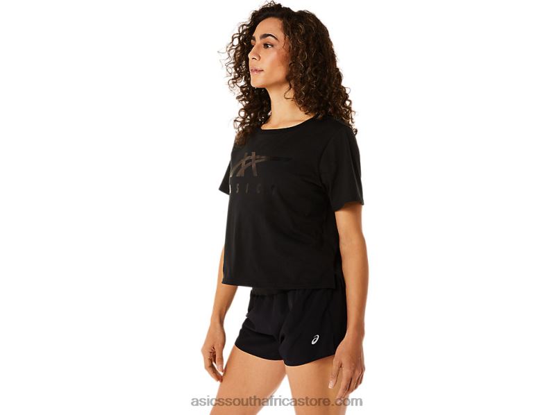 Women Asics Stripes Short Sleeve Boxy Tee LH4X02815 Performance Black