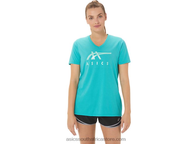 Women Asics Stripes V-Neck LH4X02970 Sea Glass