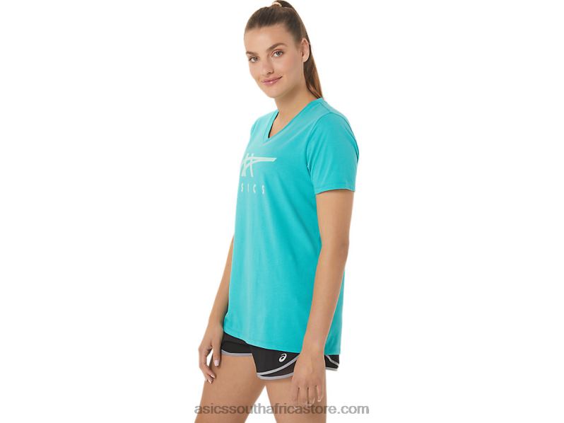 Women Asics Stripes V-Neck LH4X02970 Sea Glass