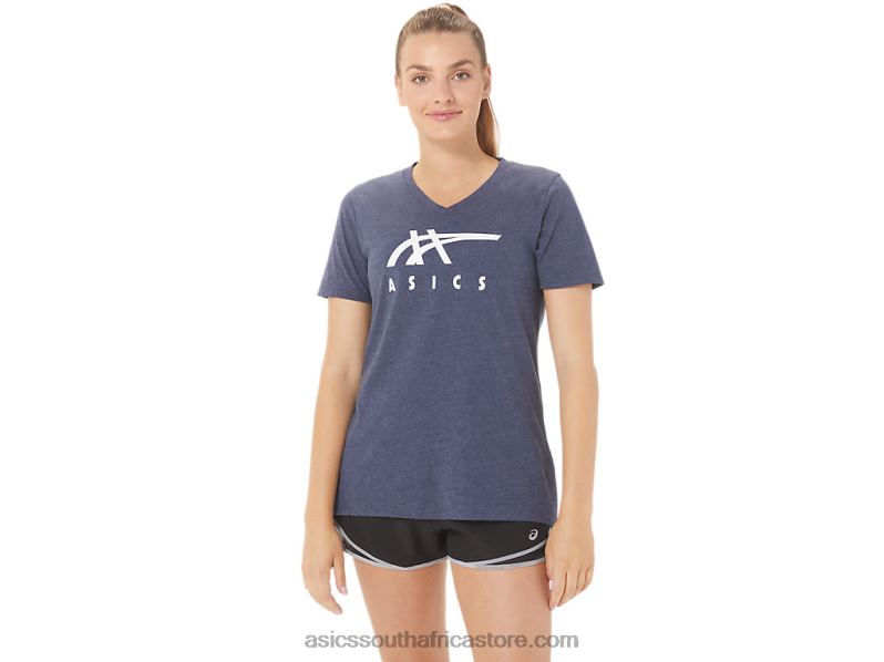 Women Asics Stripes V-Neck LH4X02972 Peacoat Heather