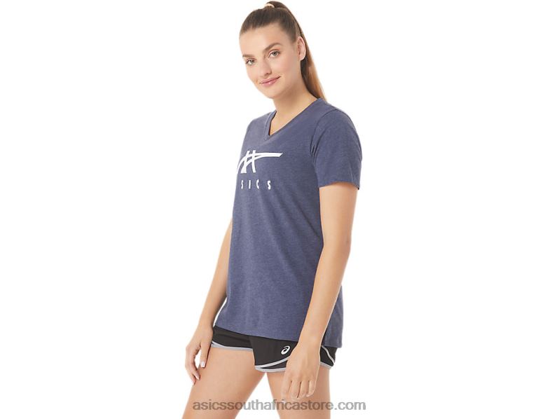 Women Asics Stripes V-Neck LH4X02972 Peacoat Heather