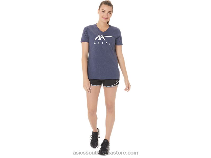 Women Asics Stripes V-Neck LH4X02972 Peacoat Heather