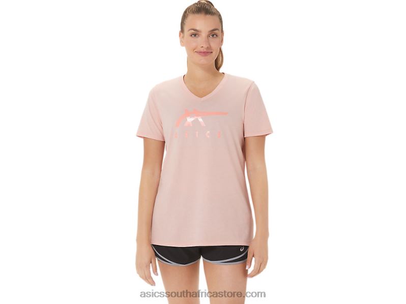 Women Asics Stripes V-Neck LH4X03047 Frosted Rose