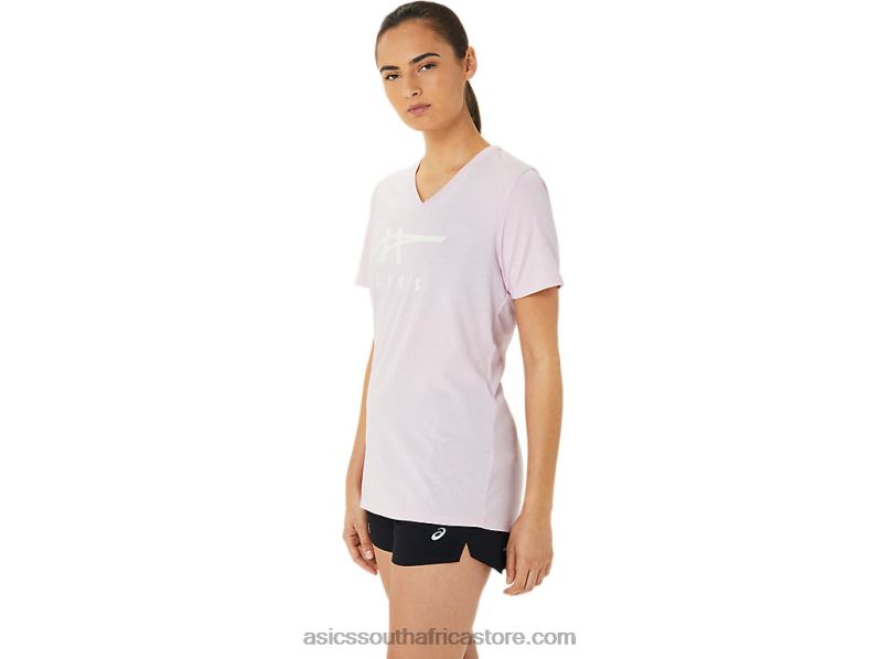 Women Asics Stripes V-Neck LH4X03200 Barely Rose