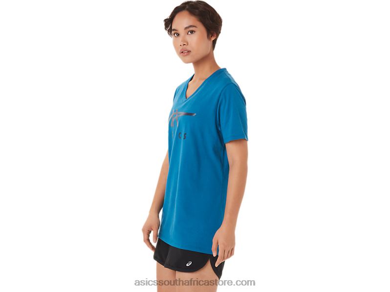 Women Asics Stripes V-Neck LH4X03420 Reborn Blue