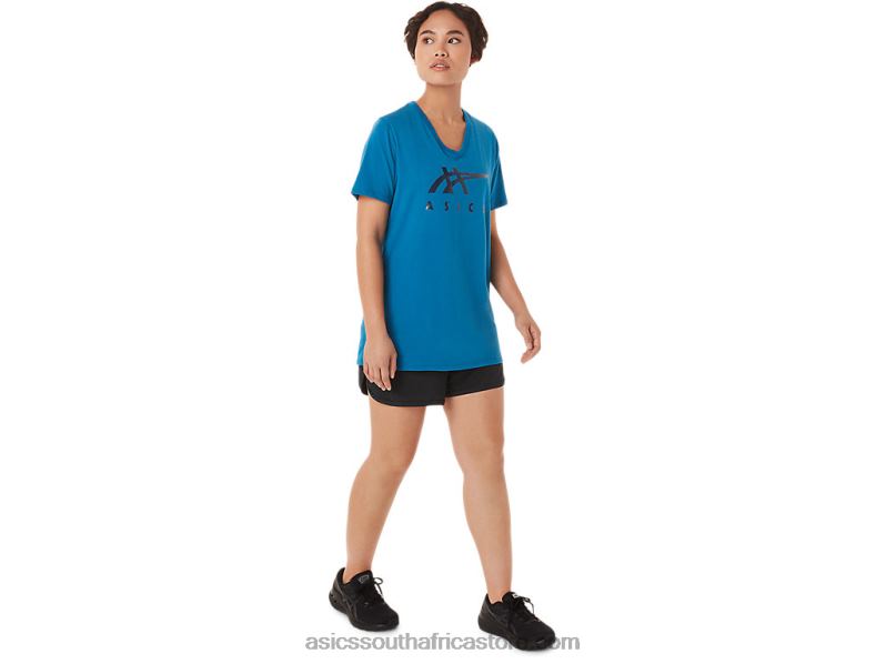 Women Asics Stripes V-Neck LH4X03420 Reborn Blue
