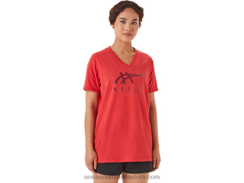 Women Asics Stripes V-Neck LH4X03422 Classic Red Heather