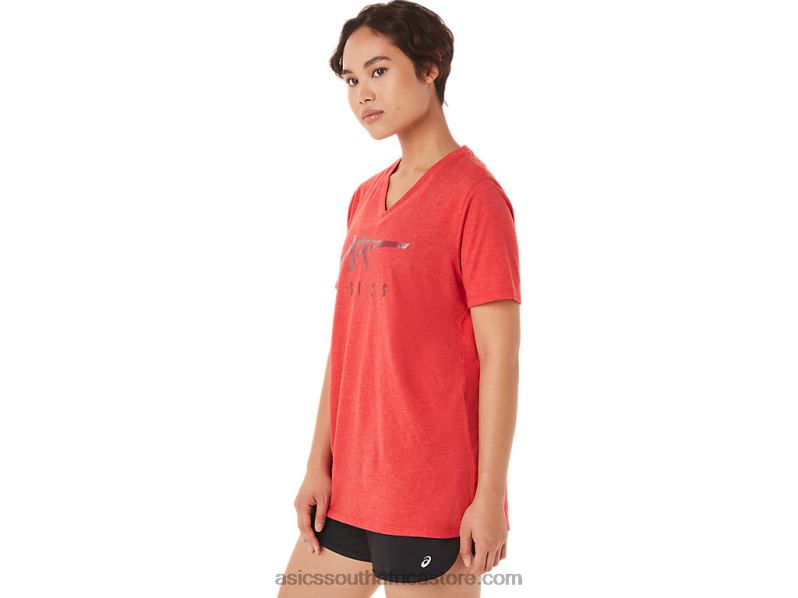 Women Asics Stripes V-Neck LH4X03422 Classic Red Heather