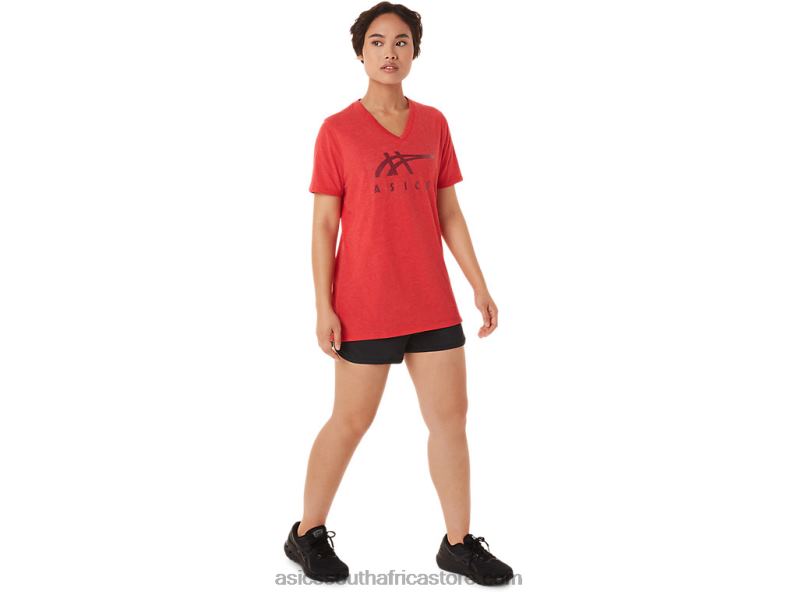 Women Asics Stripes V-Neck LH4X03422 Classic Red Heather