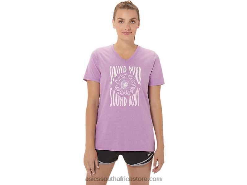 Women Asics Sunflower Slogan V-Neck LH4X02778 Orchid Heather