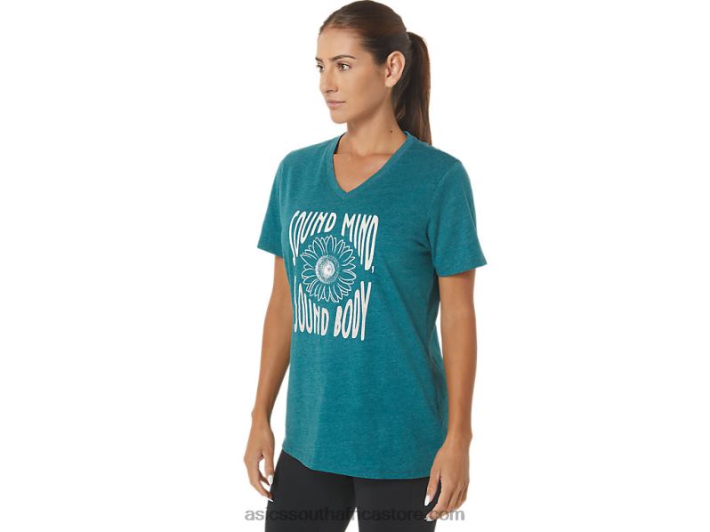 Women Asics Sunflower Slogan V-Neck LH4X02812 Velvet Pine Heather