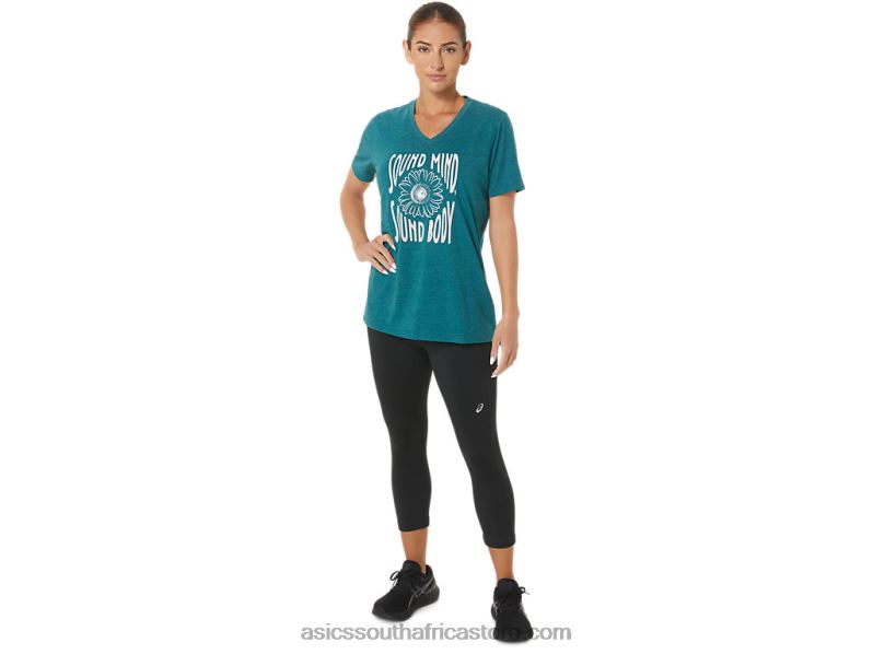 Women Asics Sunflower Slogan V-Neck LH4X02812 Velvet Pine Heather