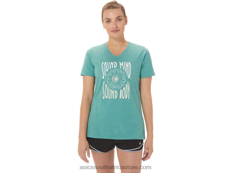 Women Asics Sunflower Slogan V-Neck LH4X02814 Sage Heather